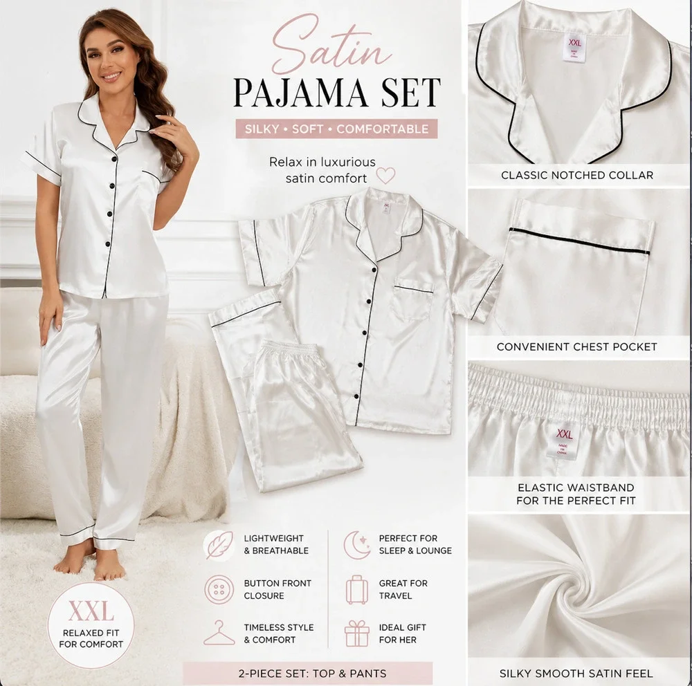 Women's Satin Pajama Set White Black Trim Button Front Lounge Sleepwear XXL